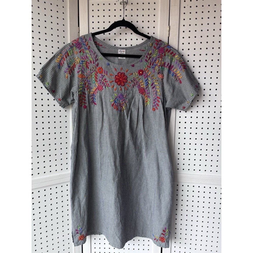 Abrazo Women's XL Embroidered Short SLV Striped‎ Pocket Cotton Knee Shift Dress